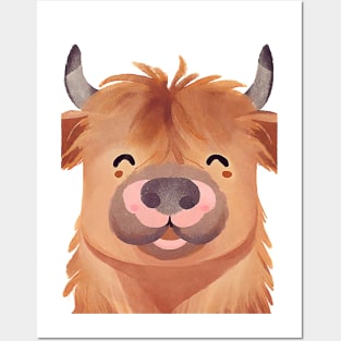 Cute Highland Cow Smiling Watercolor Painting Posters and Art